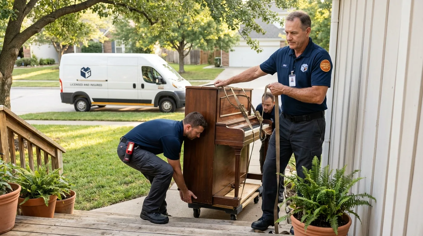 Licensed piano movers securing grand piano in Broxton, GA